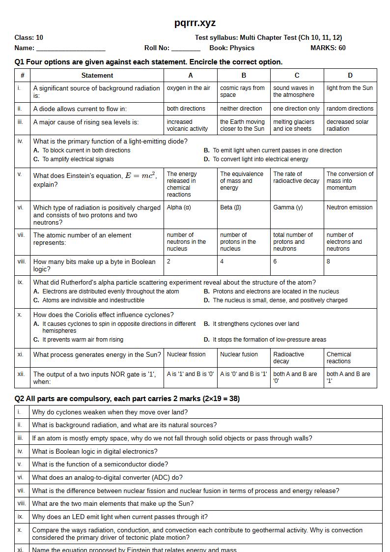 First page of 10th Physics – Chapters 10–12 – Multi Chapter Test, 60 marks (English)