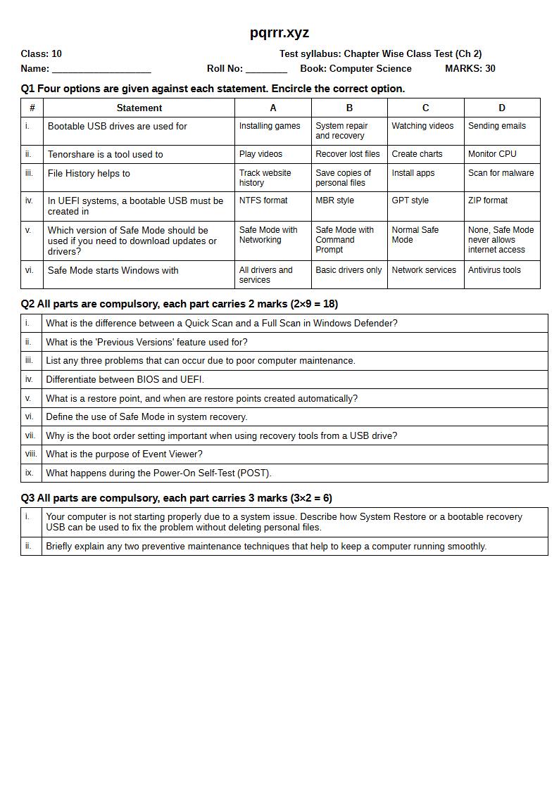 First page of 10th Computer Science – Chapter 2 – System Recovery and Advanced Maintenance – Chapter Wise Class Test, 30 marks (English)