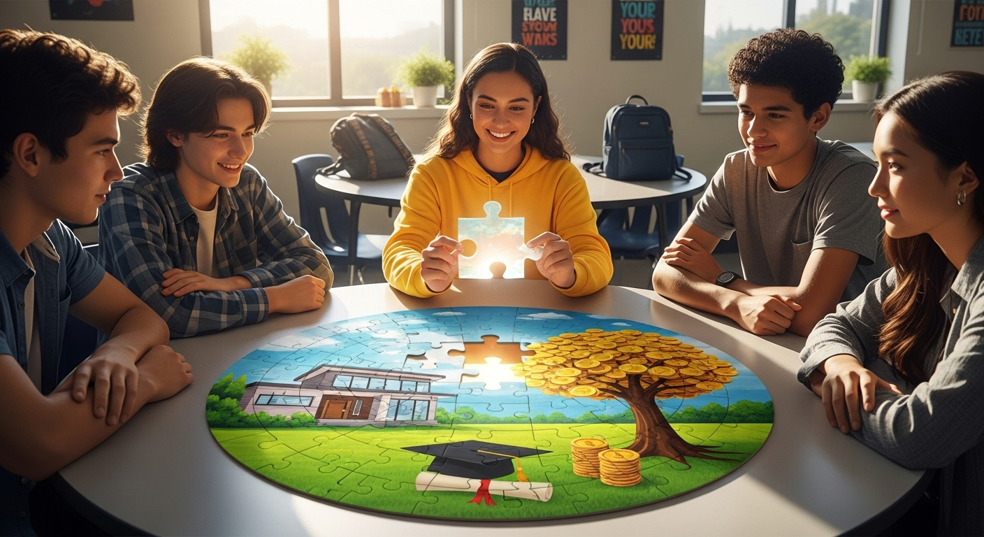 Symbolbild: Schüler in modernem Klassenraum mit leuchtendem Puzzleteil für Finanzbildung