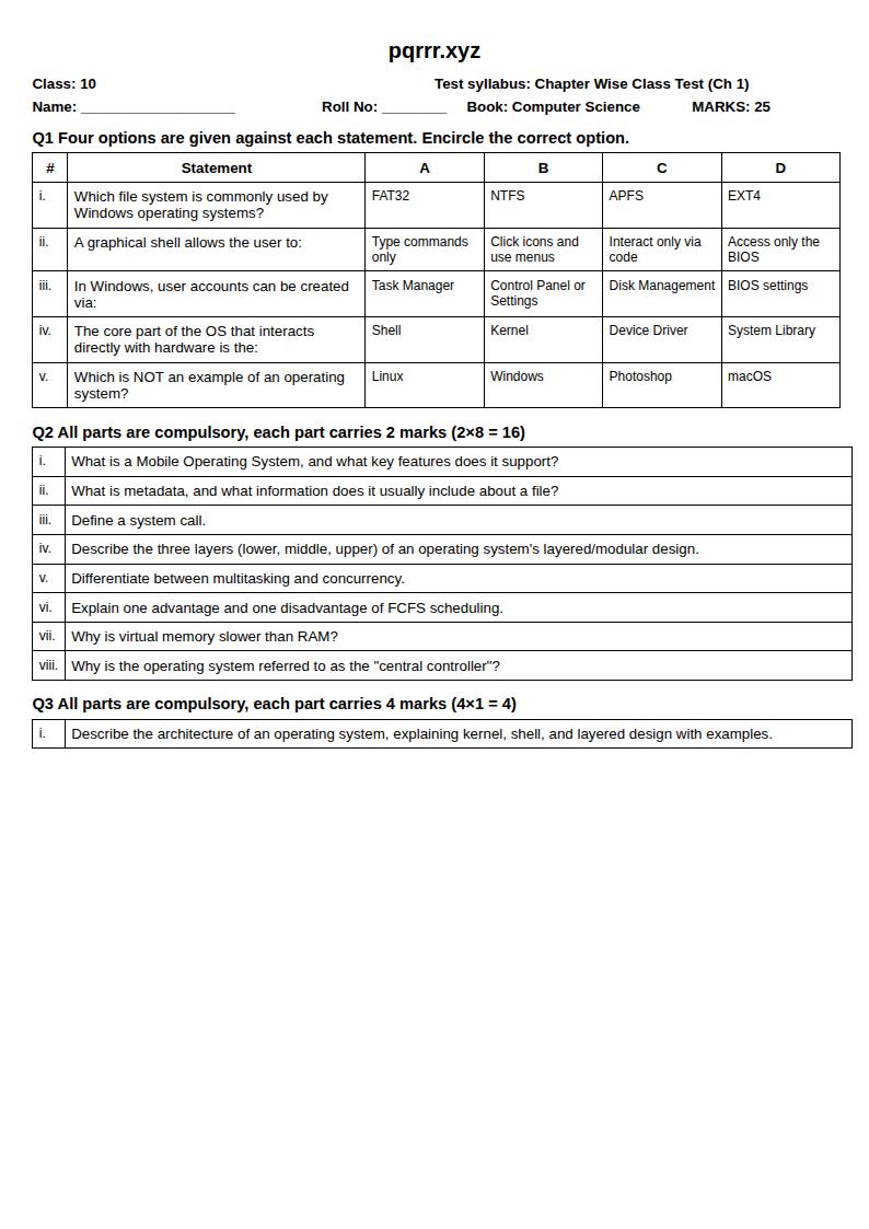 First page of 10th Computer Science – Chapter 1 – Operating Systems: Structure and Services – Chapter Wise Class Test, 25 marks (English) – Community set A9BC44