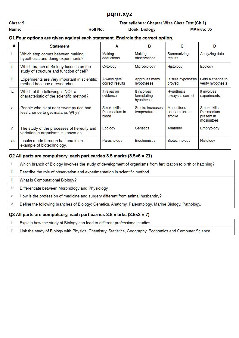 First page of 9th Biology – Chapter 1 – The Science of Biology – Chapter Wise Class Test, 35 marks (English)