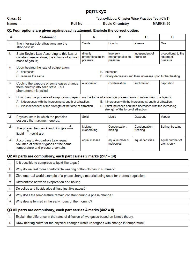 First page of 10th Chemistry – Chapter 1 – States of Matter and Phase Changes – Chapter Wise Practice Test, 30 marks (English)