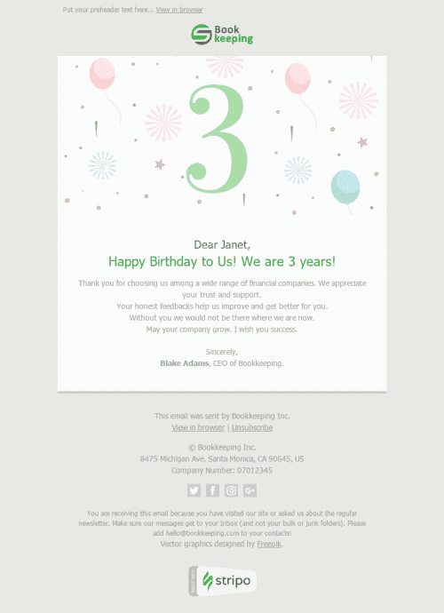Thank You Email Template "3 Years Together" for Finance industry
