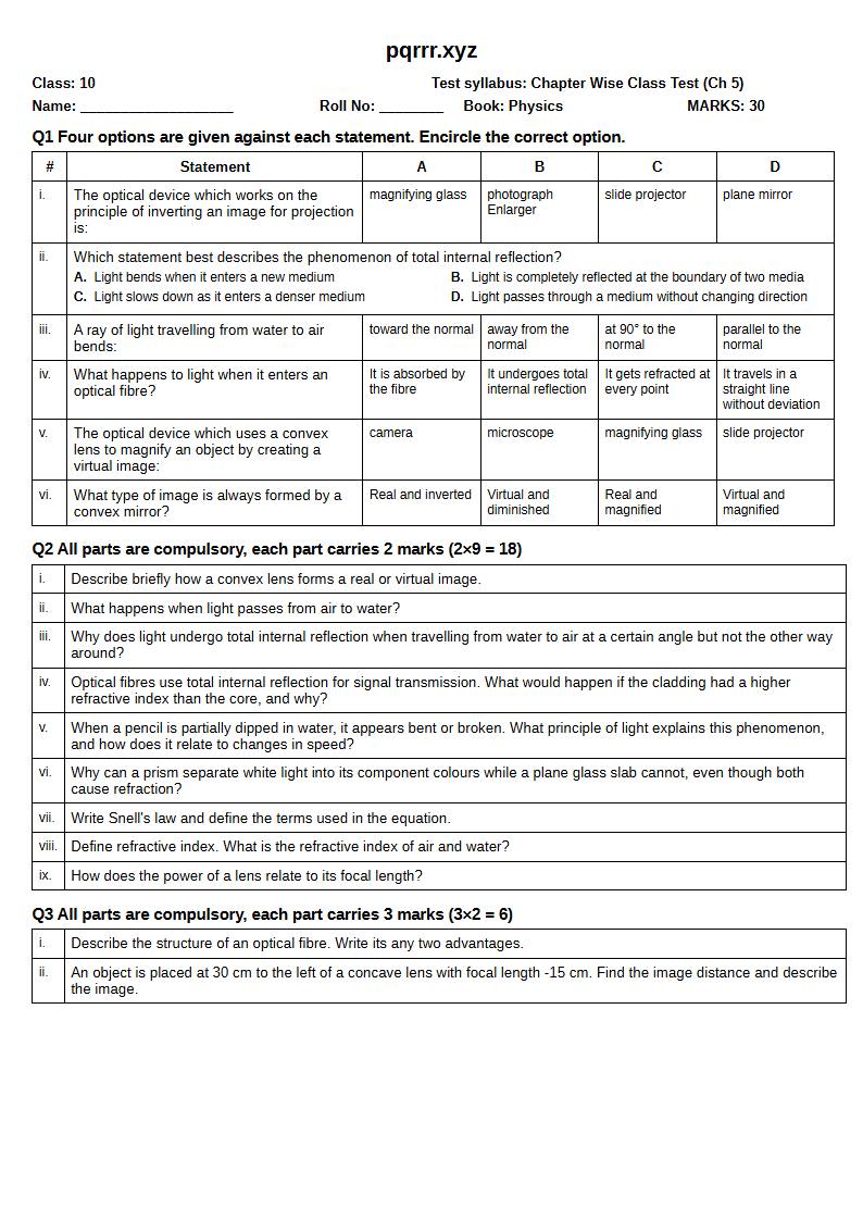 First page of 10th Physics – Chapter 5 – Light – Chapter Wise Class Test, 30 marks (English)