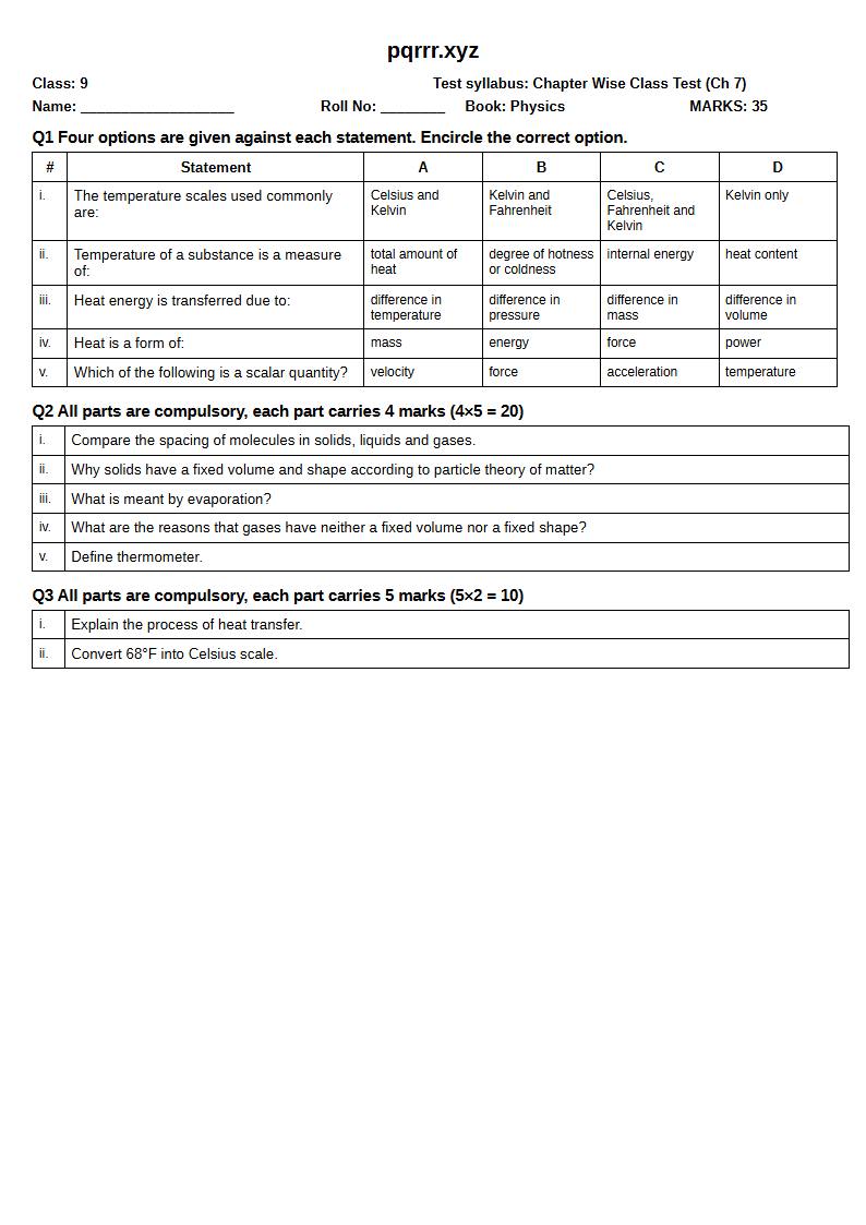 First page of 9th Physics – Chapter 7 – Thermal Properties of Matter – Chapter Wise Class Test, 35 marks (English)