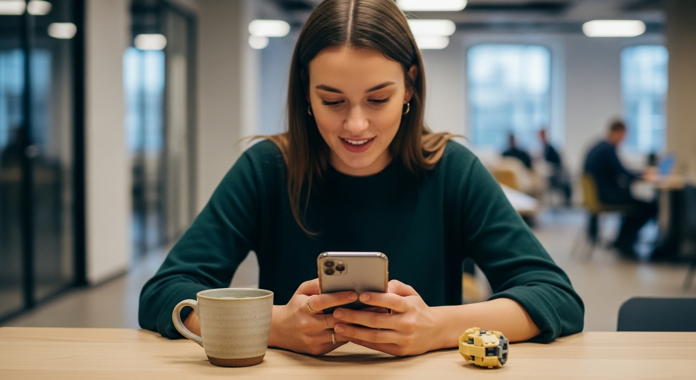 Junge Frau im Co-Working-Space, lächelt auf ihr Smartphone; Tasse grüner Tee und einzelner Legostein auf dem Tisch.