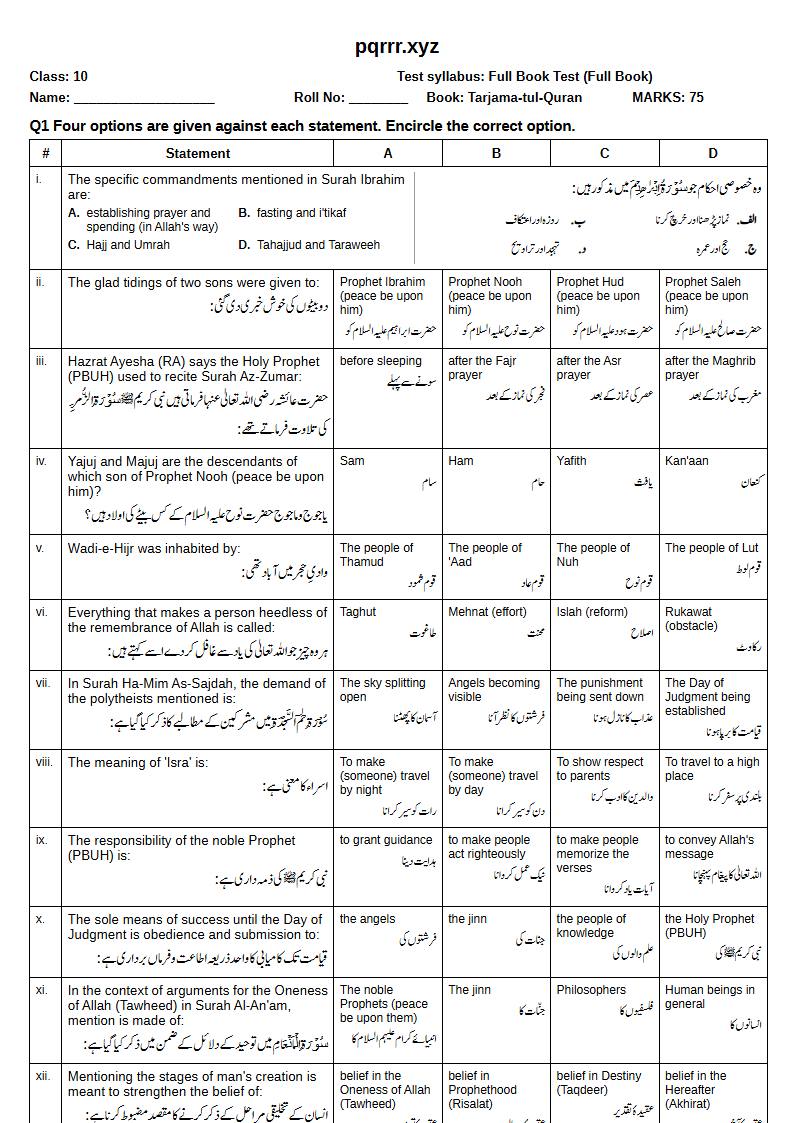 First page of 10th Tarjama-tul-Quran – Complete book – Full Book Test, 75 marks (English + Urdu)