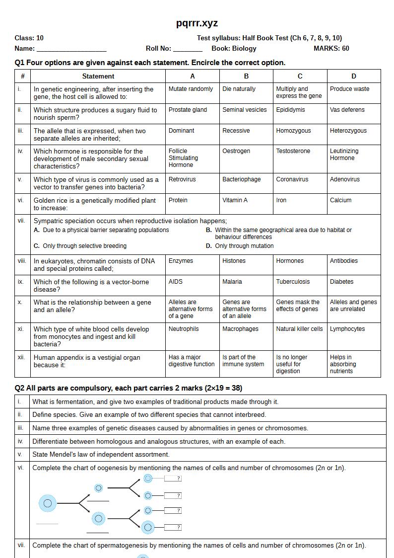 First page of 10th Biology – Half book (Chapters 6–10) – Half Book Test, 60 marks (English)