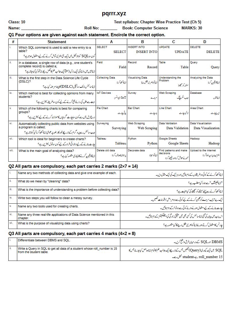 First page of 10th Computer Science – Chapter 5 – Introduction to Data Science – Chapter Wise Practice Test, 30 marks (English + Urdu)