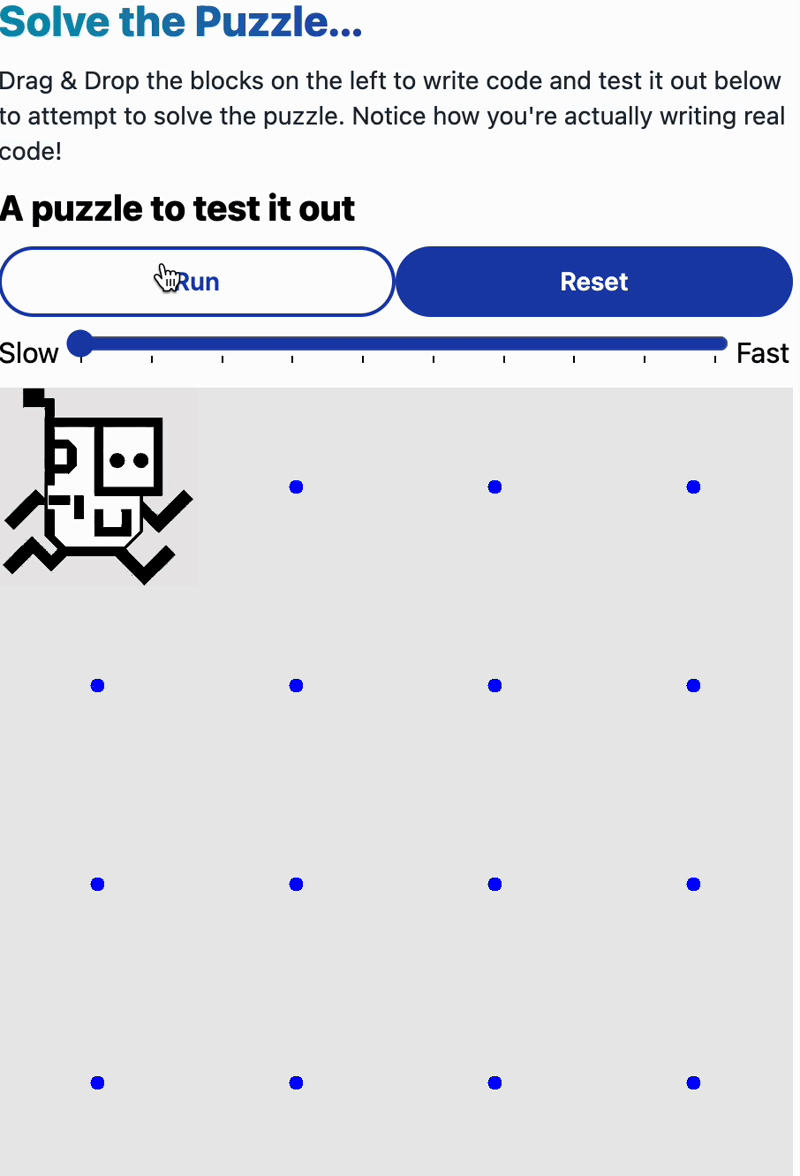 An animated image Karel running, placing blocks, and turning in Karel Worlds at different speeds