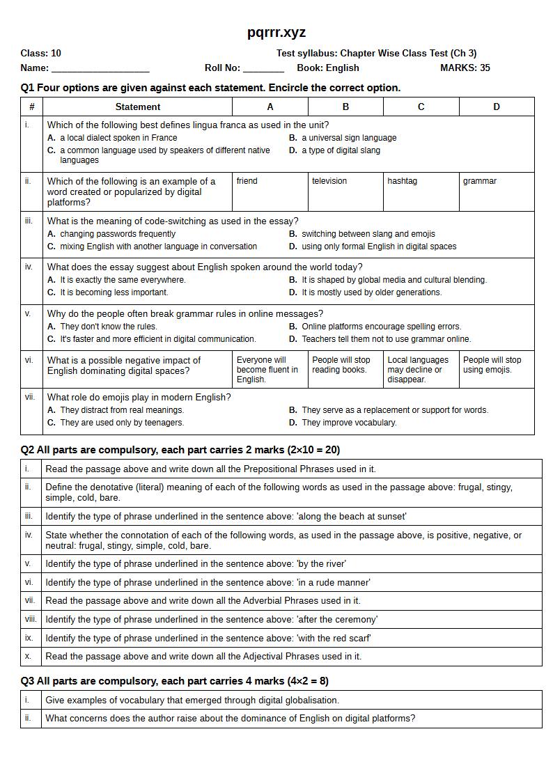 First page of 10th English – Chapter 3 – Digital Globalisation Transforming the English Language – Chapter Wise Class Test, 35 marks (English)