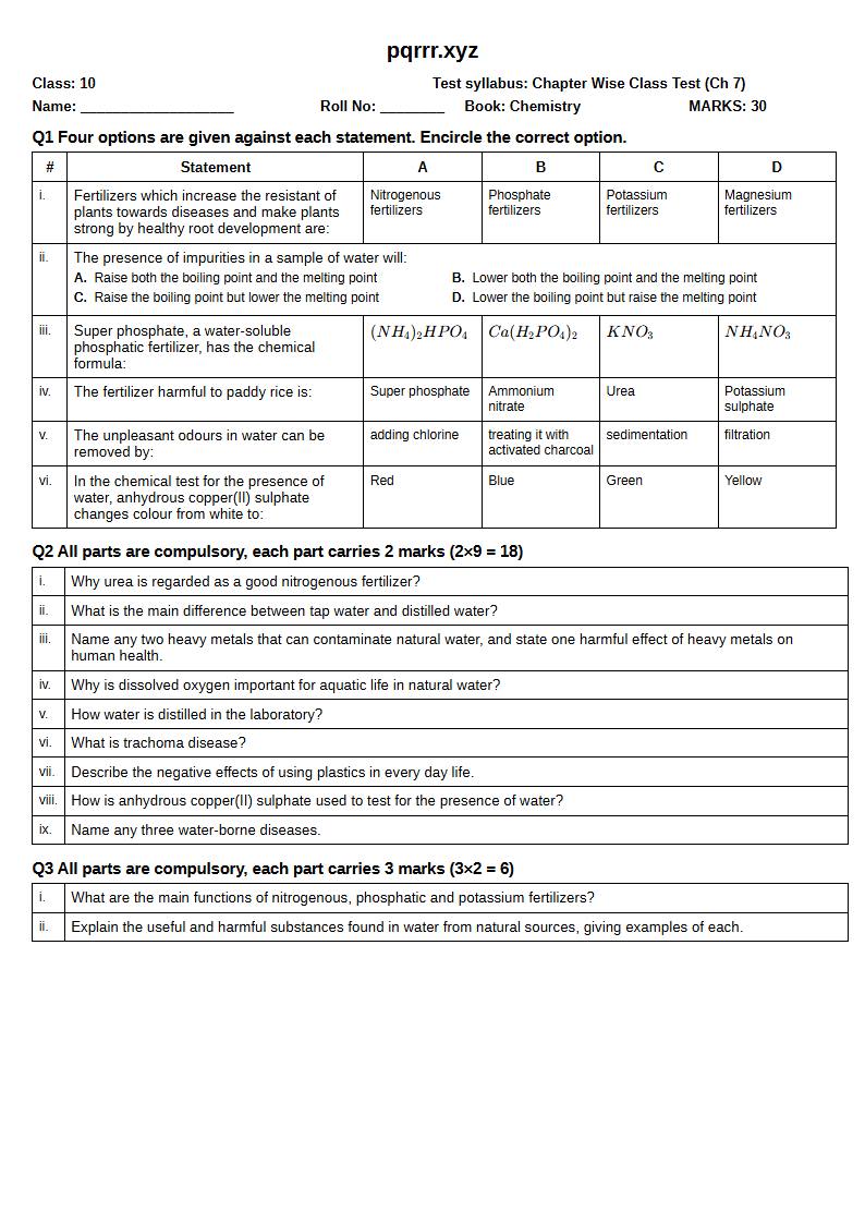First page of 10th Chemistry – Chapter 7 – Water – Chapter Wise Class Test, 30 marks (English)