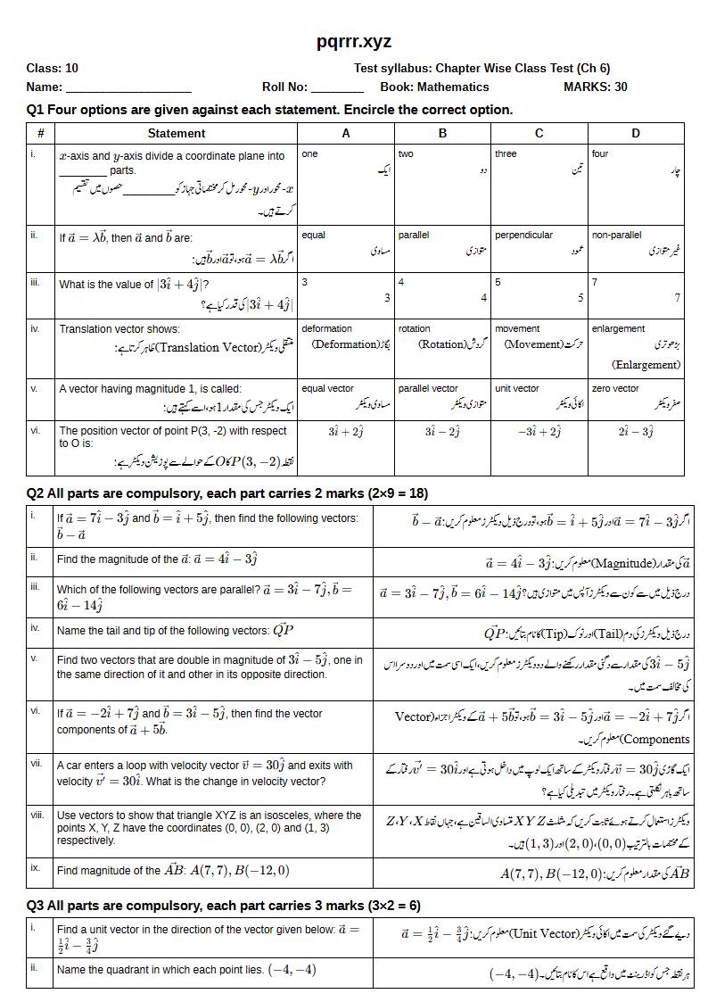 First page of 10th Mathematics – Chapter 6 – Vectors in Plane – Chapter Wise Class Test, 30 marks (English + Urdu)