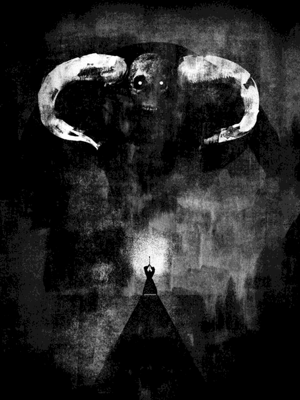 Demon with horns and glowing eyes looms over a figure for Other e-reader wallpaper or screensaver featuring horror and demon and more