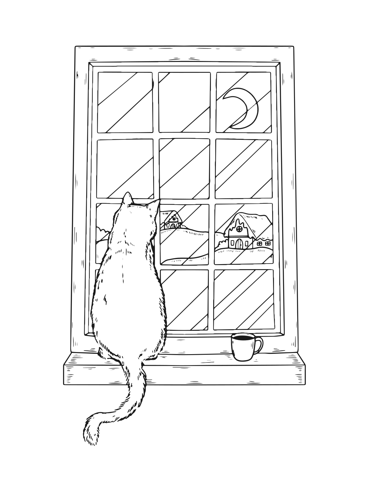 Window with a cat for Kindle Paperwhite e-reader wallpaper or screensaver featuring cat and coffee and more