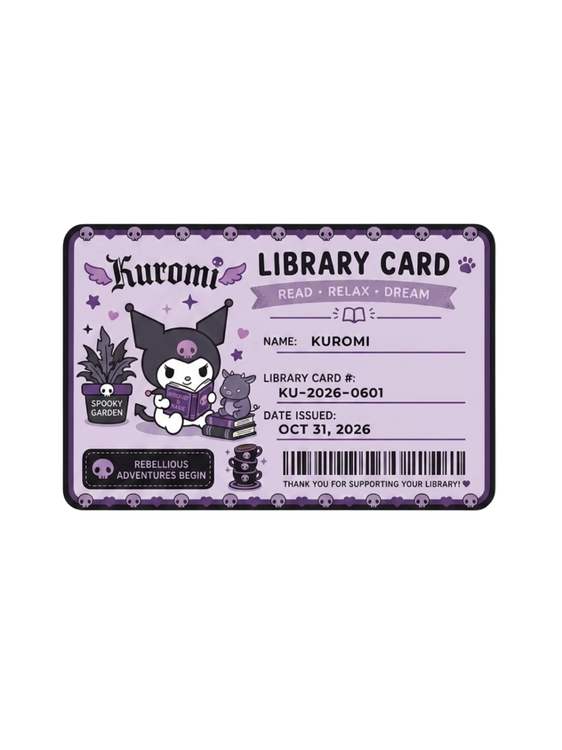 Kuromi Library Card for e-reader e-reader wallpaper or screensaver featuring sanrio and kuromi and more