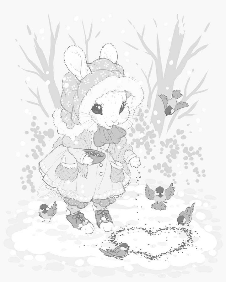 Bunny feeding birds in the snow for Other e-reader wallpaper or screensaver featuring bunny and birds and more