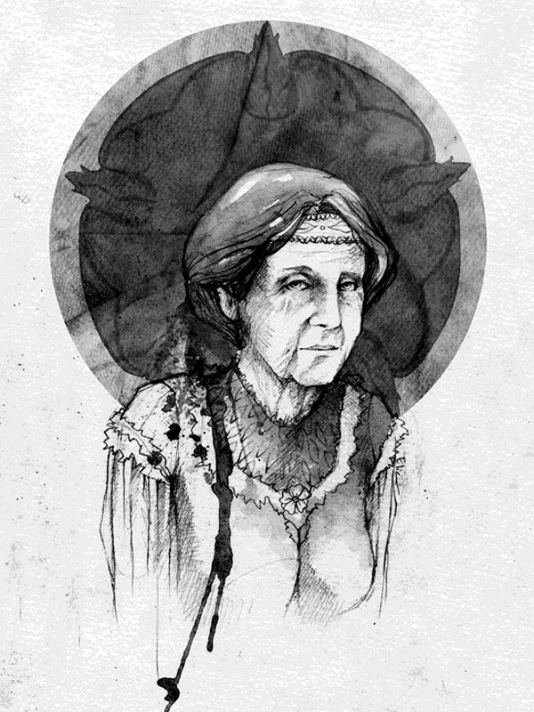 Portrait of an elderly woman with a floral halo for Other e-reader wallpaper or screensaver featuring portrait and sketch and more