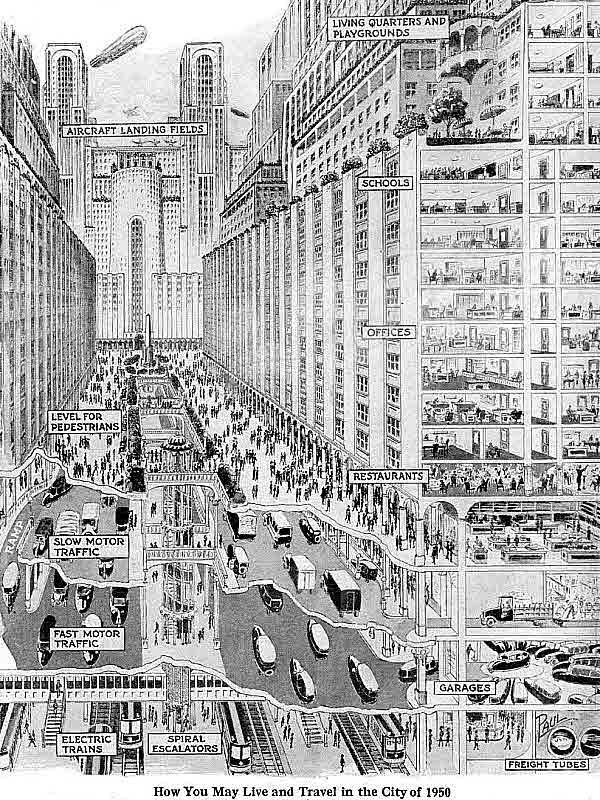 Vision of City of 1950 with multi-level traffic and living for Other e-reader wallpaper or screensaver featuring cityscape and future and more