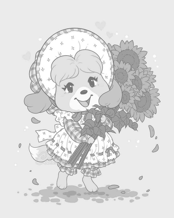 Dog character in dress holding sunflowers for Other e-reader wallpaper or screensaver featuring dog and sunflowers and more