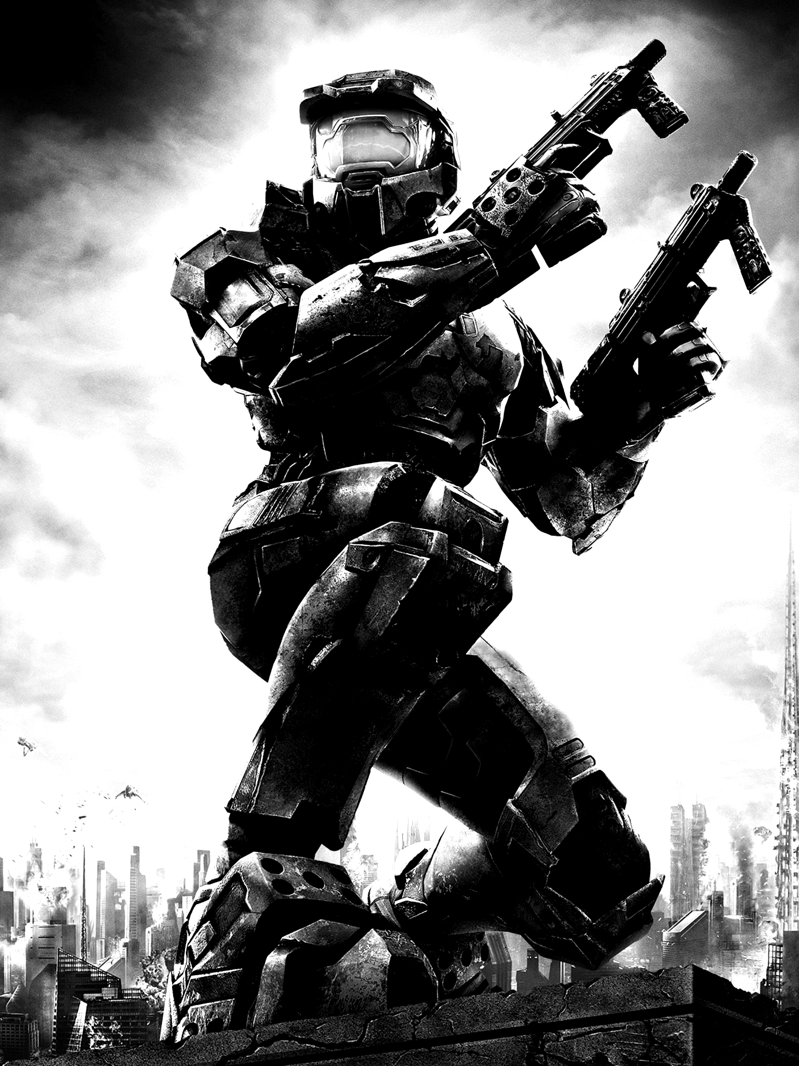 Master Chief with dual weapons over ruined city for Other e-reader wallpaper or screensaver featuring master chief and halo and more
