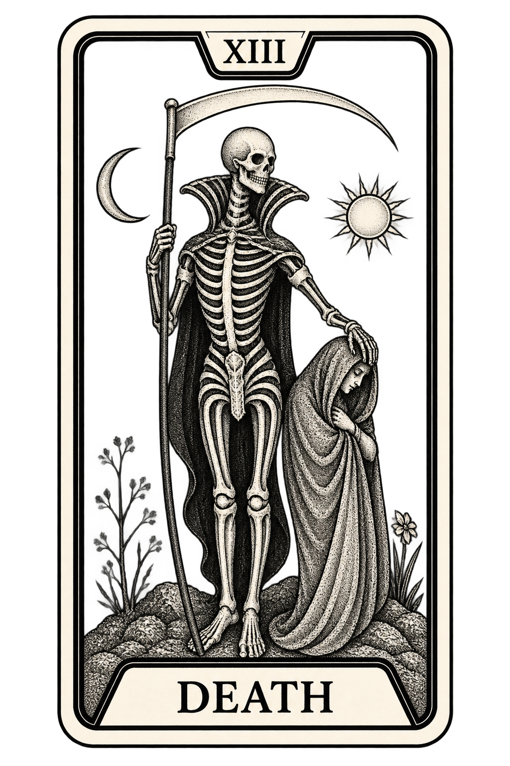 Death Tarot card (transparent version) for Kindle Paperwhite e-reader wallpaper or screensaver featuring black and white and death and more