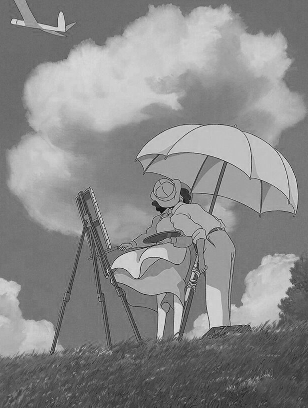 Couple painting outdoors under umbrella, airplane flies overhead for Other e-reader wallpaper or screensaver featuring anime and art and more