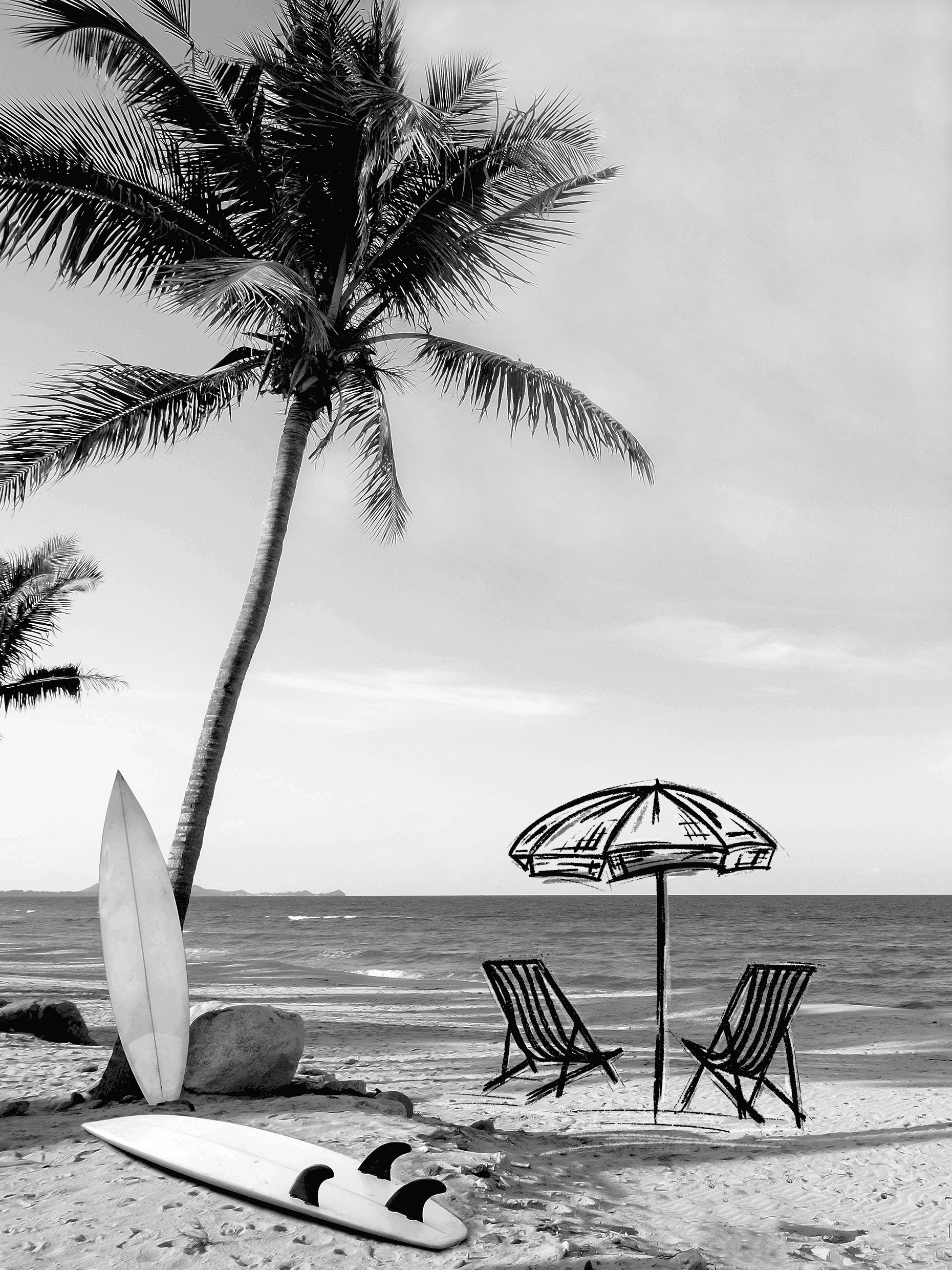 Beach scene with surfboards and chairs for Other e-reader wallpaper or screensaver featuring beach and surfboard and more