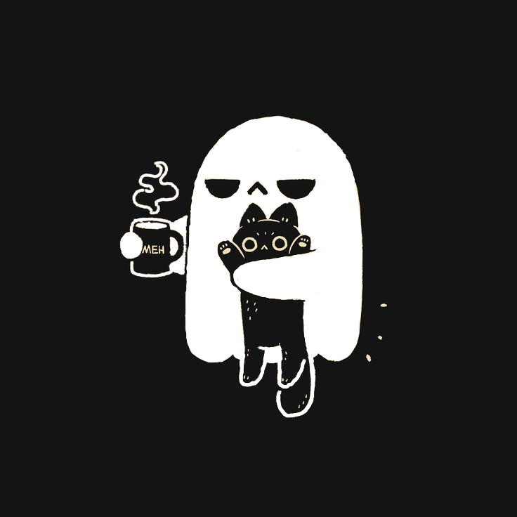 ghost & cat for Kobo Libra e-reader wallpaper or screensaver featuring ghost and coffee and more