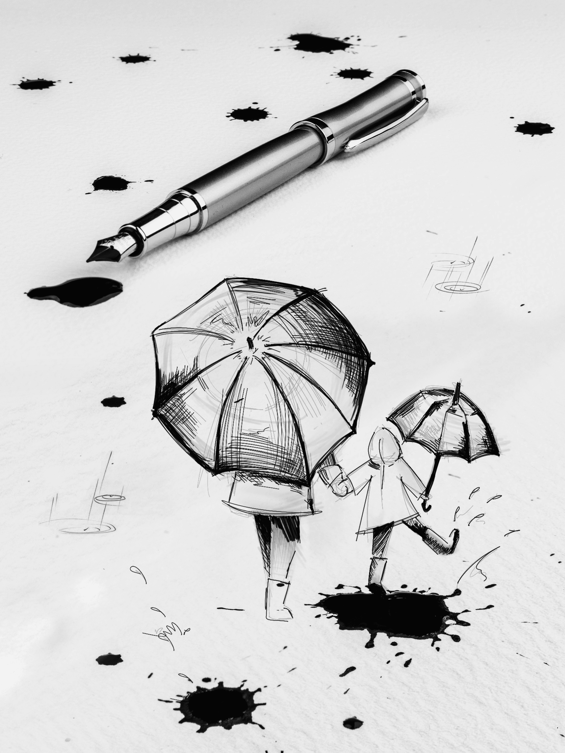 Pen drawing of two figures with umbrellas in ink splatters for Other e-reader wallpaper or screensaver featuring drawing and ink and more