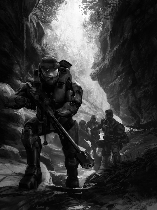 Soldiers in a rocky, jungle canyon for Other e-reader wallpaper or screensaver featuring sci-fi and military and more