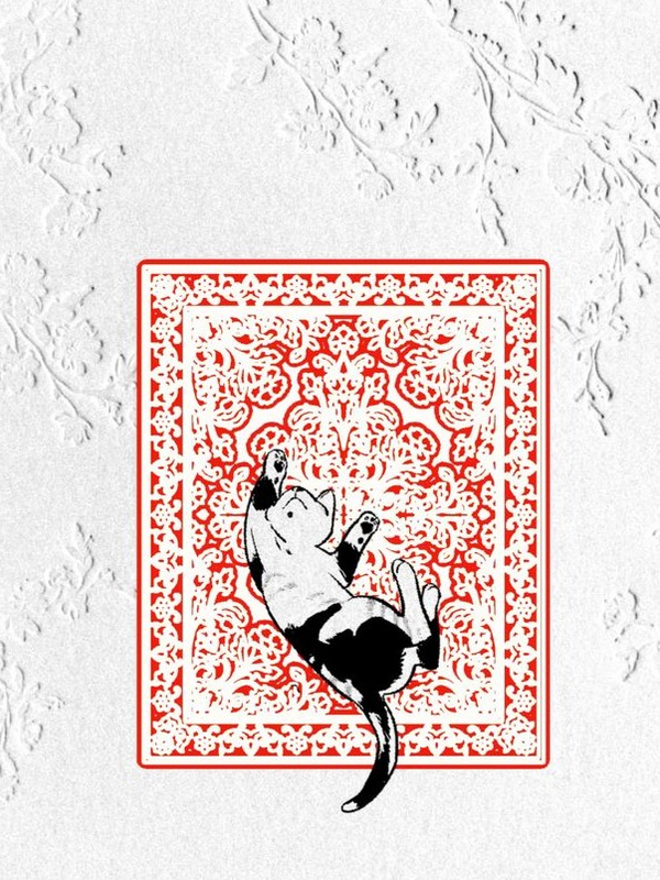 Black and white cat rolling on a red and white patterned rug for Other e-reader wallpaper or screensaver featuring cat and rug and more