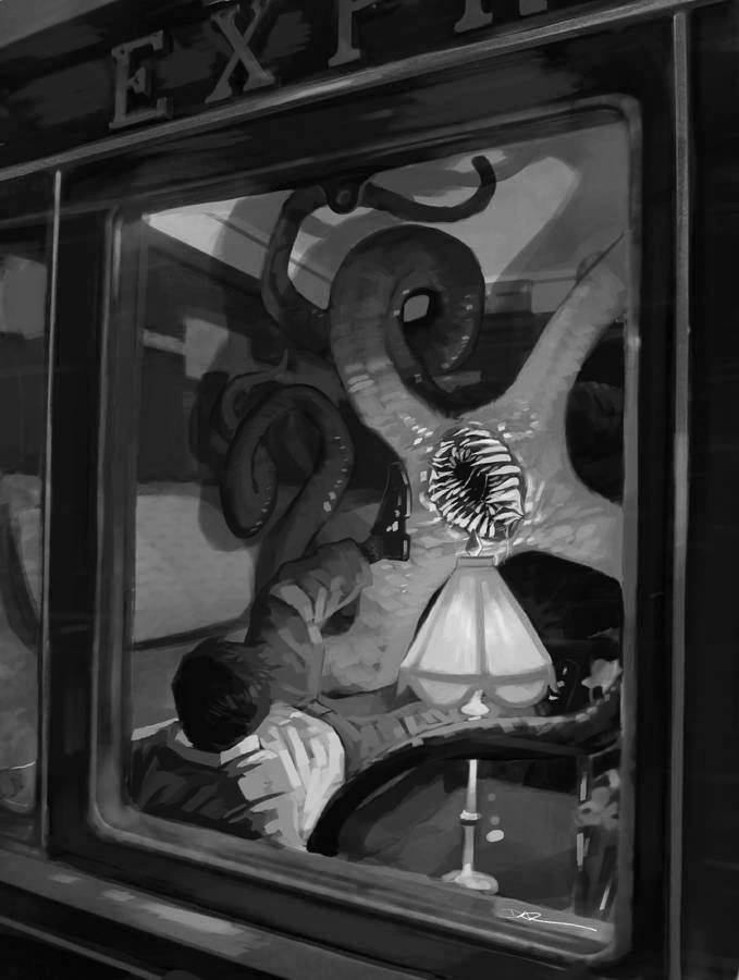 Man fights tentacles on a train for Other e-reader wallpaper or screensaver featuring horror and tentacles and more