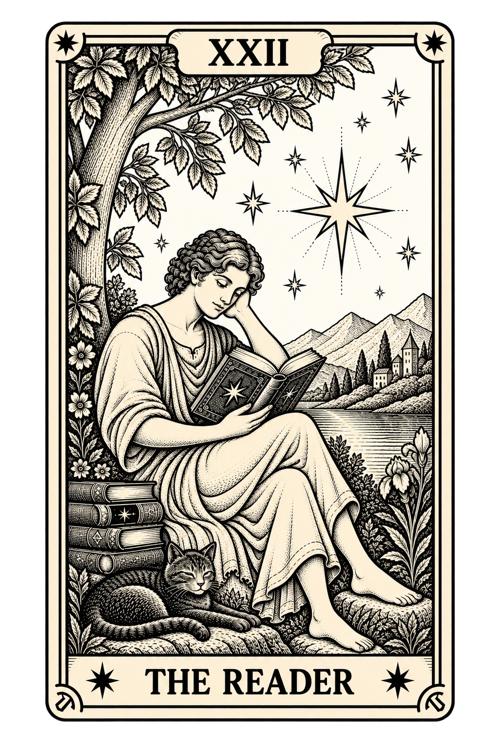 The Reader Tarot card (non-transparent card) for Kindle Paperwhite e-reader wallpaper or screensaver featuring black and white and tarot and more