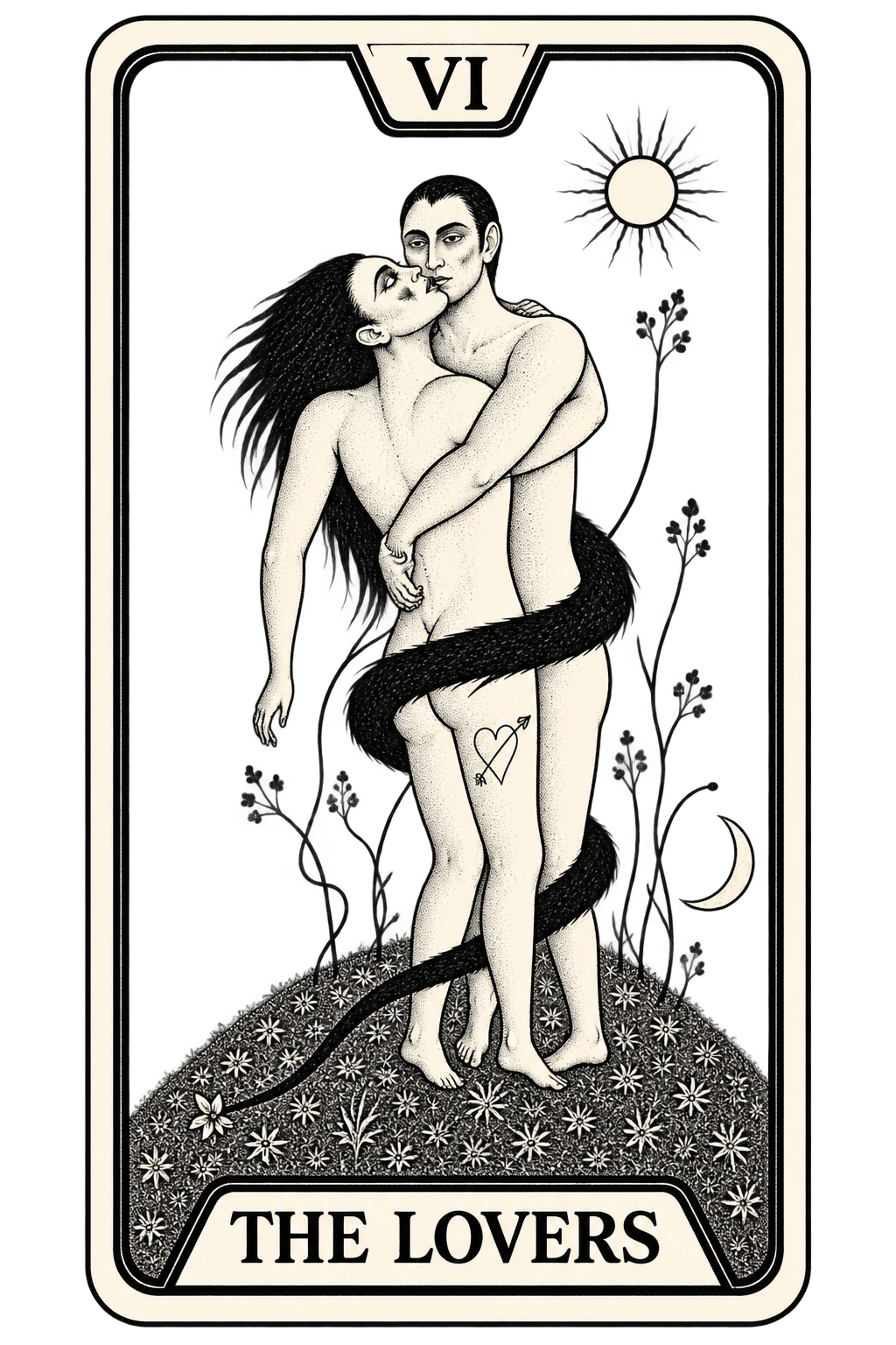 The Lovers Tarot card (transparent card) for Kindle Paperwhite e-reader wallpaper or screensaver featuring black and white and tarot and more