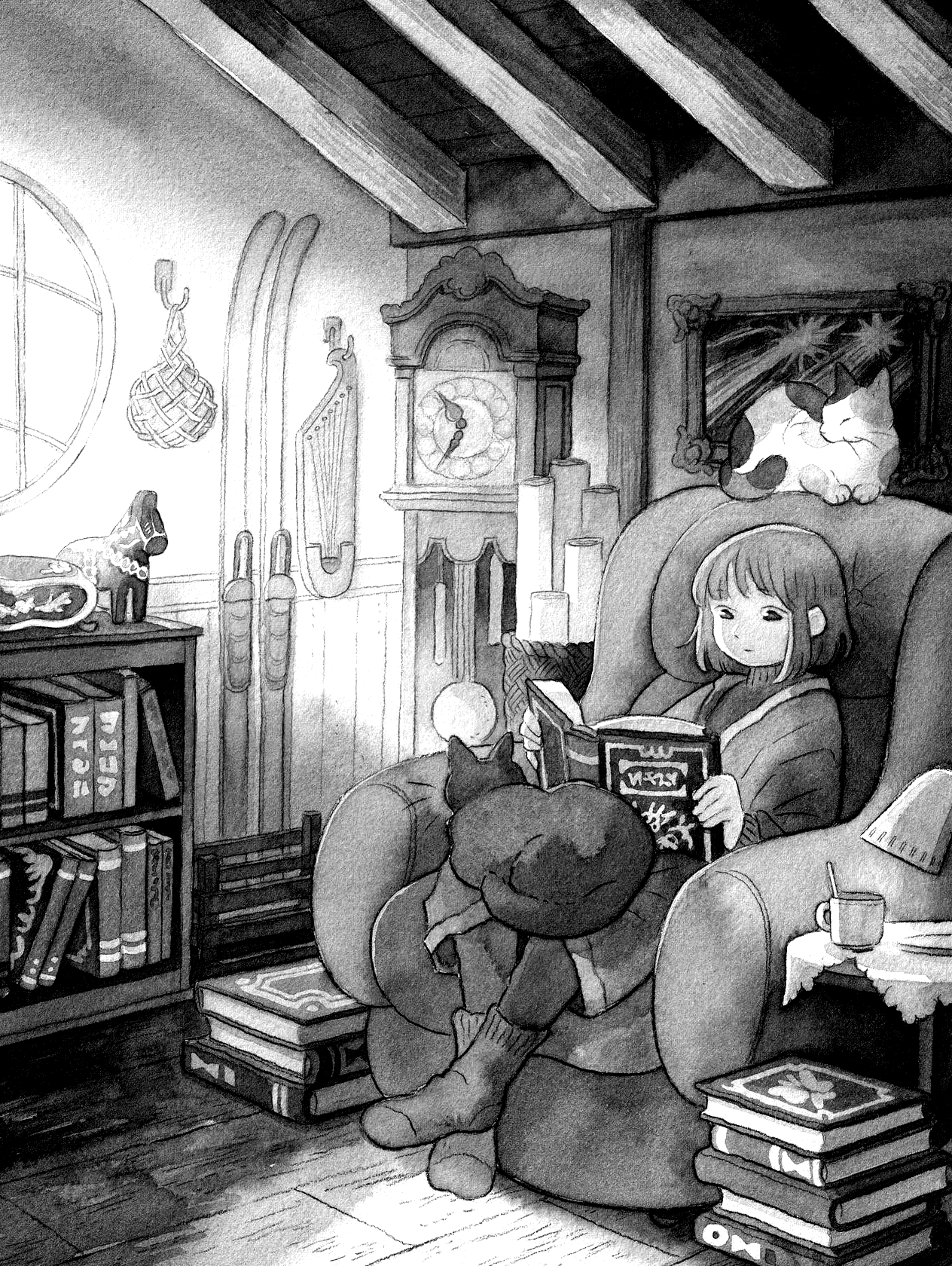 Scholar's Day Off for Kindle Paperwhite e-reader wallpaper or screensaver featuring girl and cat and more