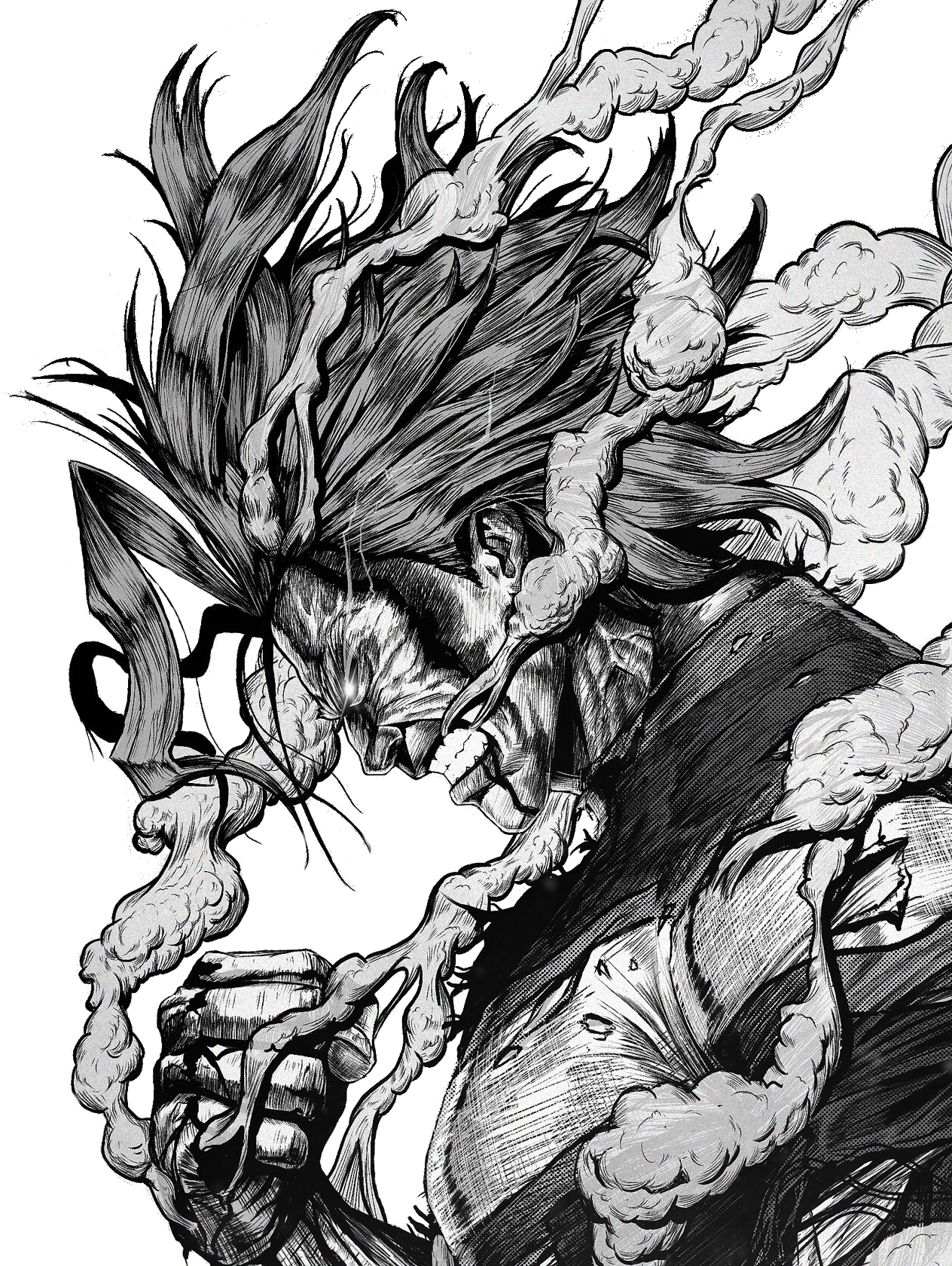 Manga character with flowing hair and smoke for Other e-reader wallpaper or screensaver featuring manga and illustration and more