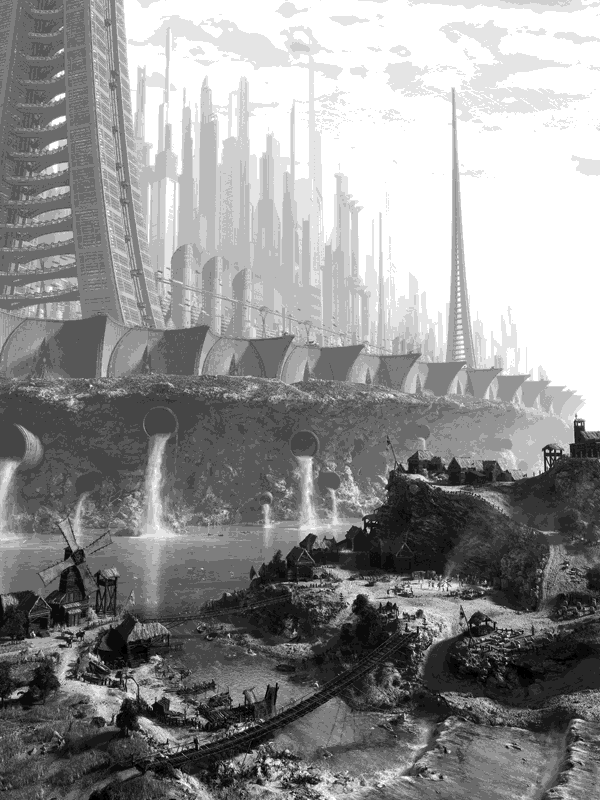 Futuristic city overlooking an ancient village for Other e-reader wallpaper or screensaver featuring futuristic and village and more