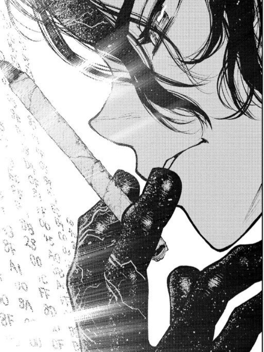Person holding a cigarette with digital data around for Other e-reader wallpaper or screensaver featuring manga and cigarette and more