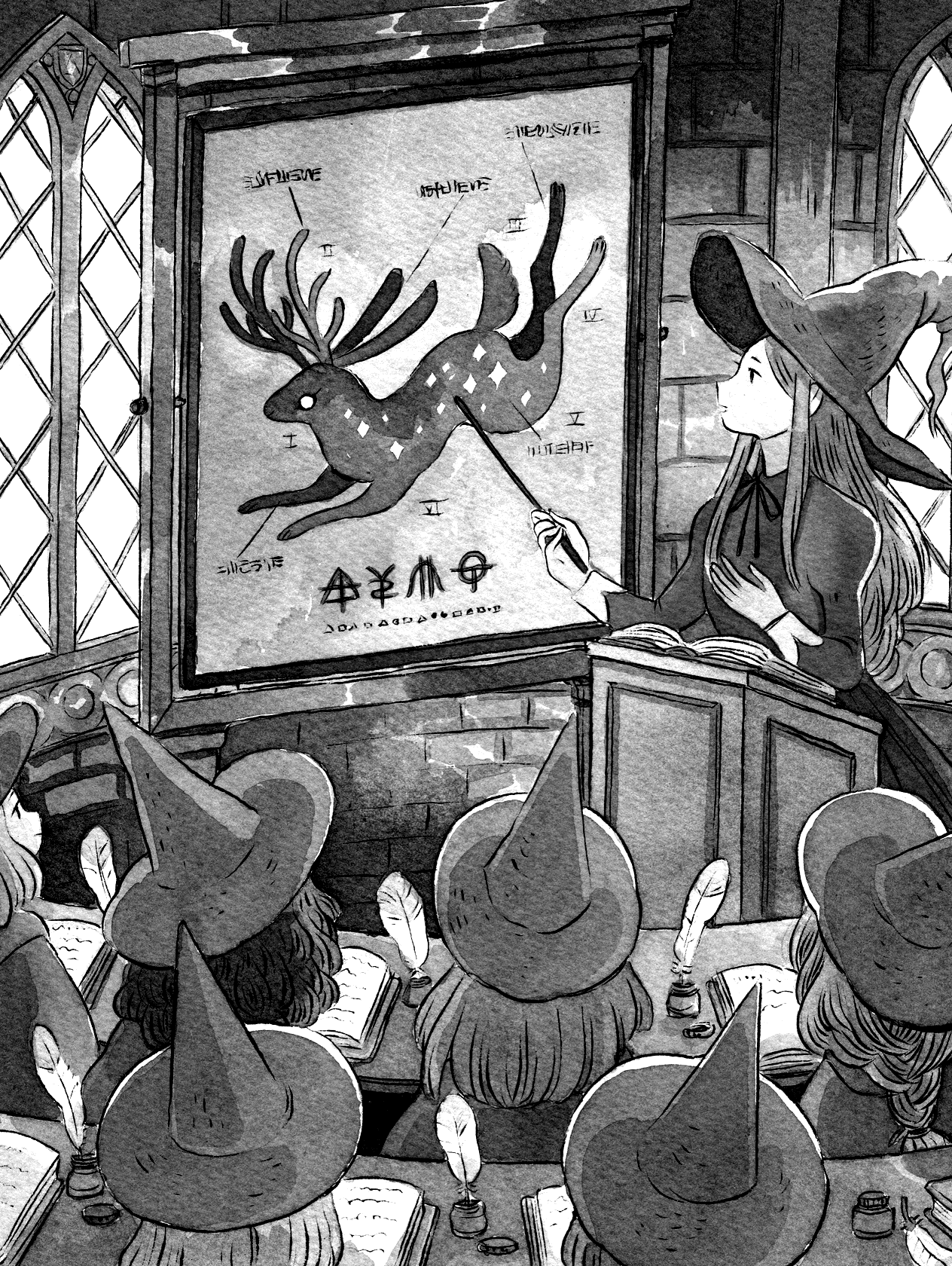 Lesson in Magic Fauna for Kindle Paperwhite e-reader wallpaper or screensaver featuring girl and witch and more