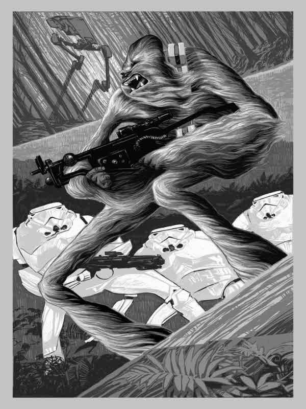 Chewbacca attacks Stormtroopers in a forest for Other e-reader wallpaper or screensaver featuring star-wars and chewbacca and more