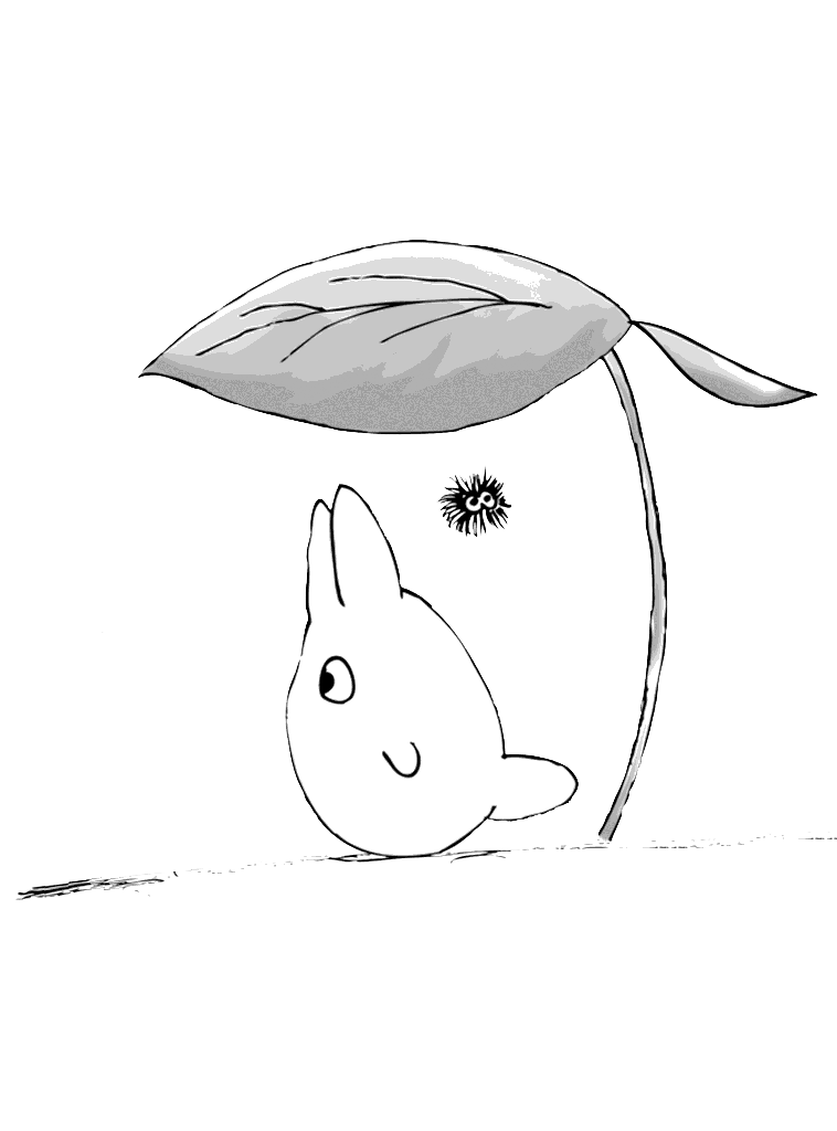 Totoro and soot sprite under a leaf for Other e-reader wallpaper or screensaver featuring totoro and soot sprite and more