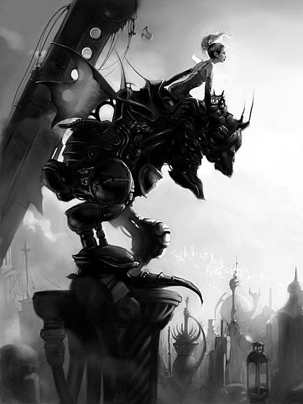 Woman riding a mechanical dragon over a steampunk city for Other e-reader wallpaper or screensaver featuring steampunk and dragon and more