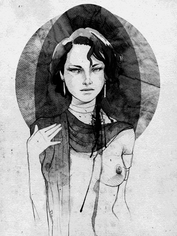 Ink drawing of a woman with flowing hair for Other e-reader wallpaper or screensaver featuring ink and drawing and more