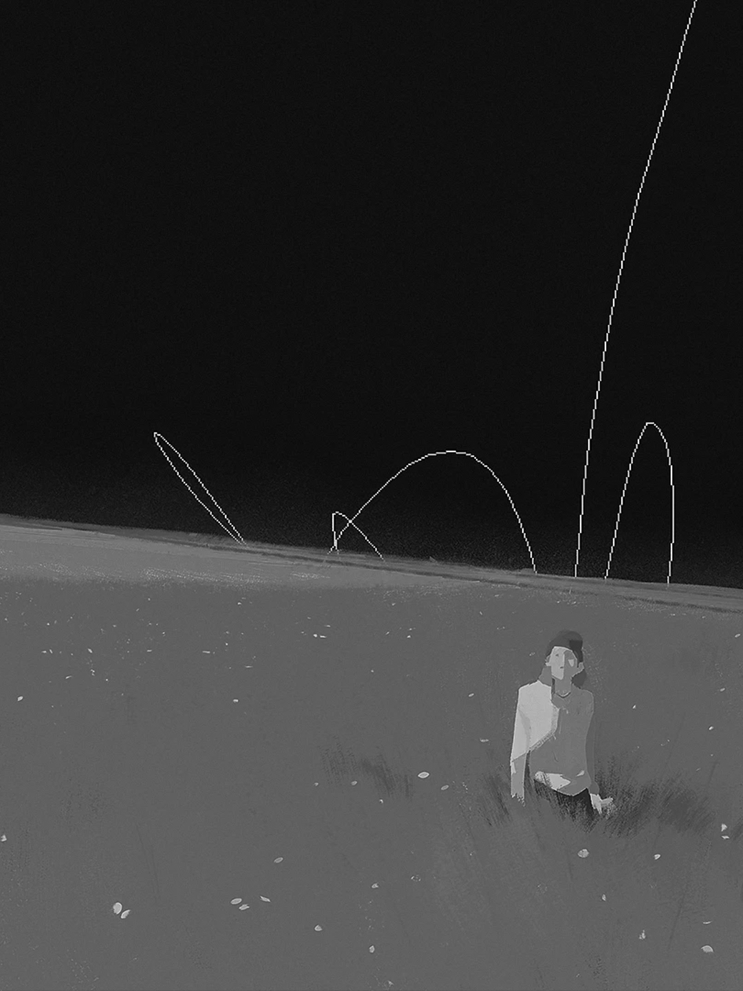 Person sitting in a field with abstract light lines for Other e-reader wallpaper or screensaver featuring field and person and more