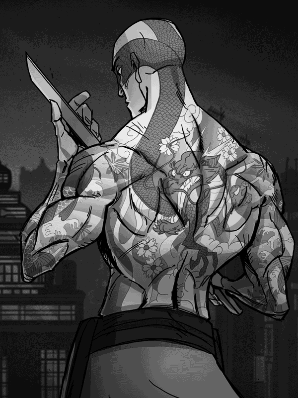 Man with full back dragon tattoo holding a knife for Other e-reader wallpaper or screensaver featuring tattoo and dragon and more