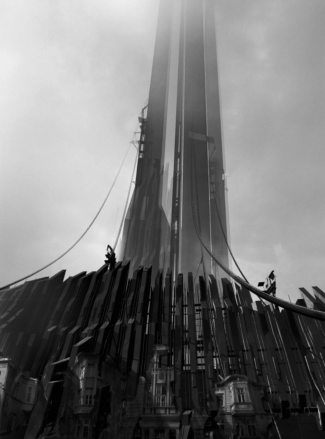 Monolithic structure with workers on cables for Other e-reader wallpaper or screensaver featuring architecture and futuristic and more
