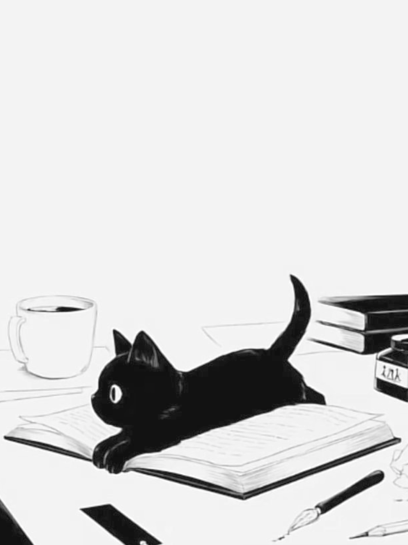 Black cat on open book with coffee and ink for Other e-reader wallpaper or screensaver featuring cat and book and more