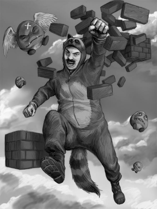 Man in raccoon suit punching through bricks for Other e-reader wallpaper or screensaver featuring raccoon and bricks and more