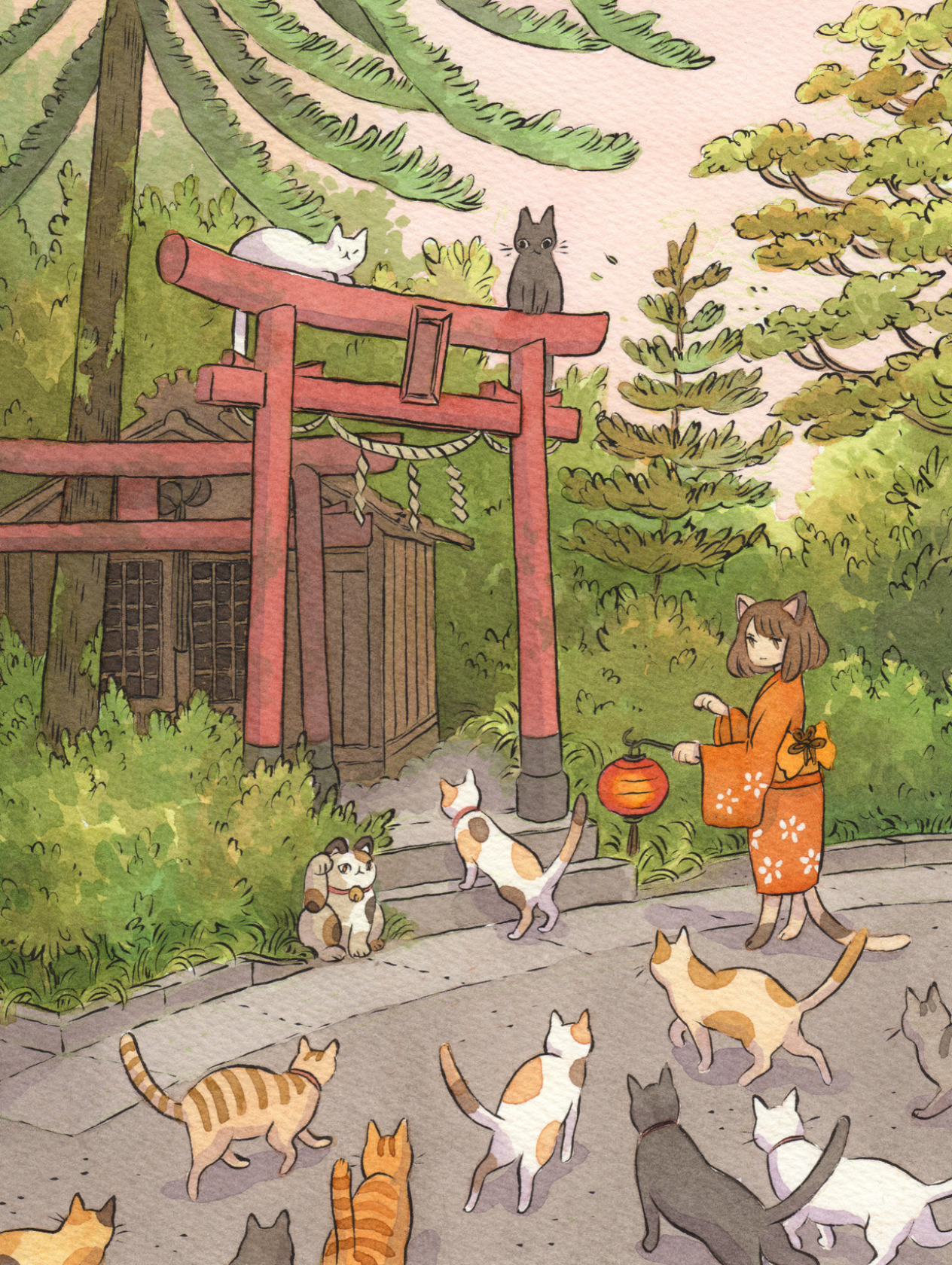 Heikala - gathering for Kobo Libra e-reader wallpaper or screensaver featuring cat and temple and more